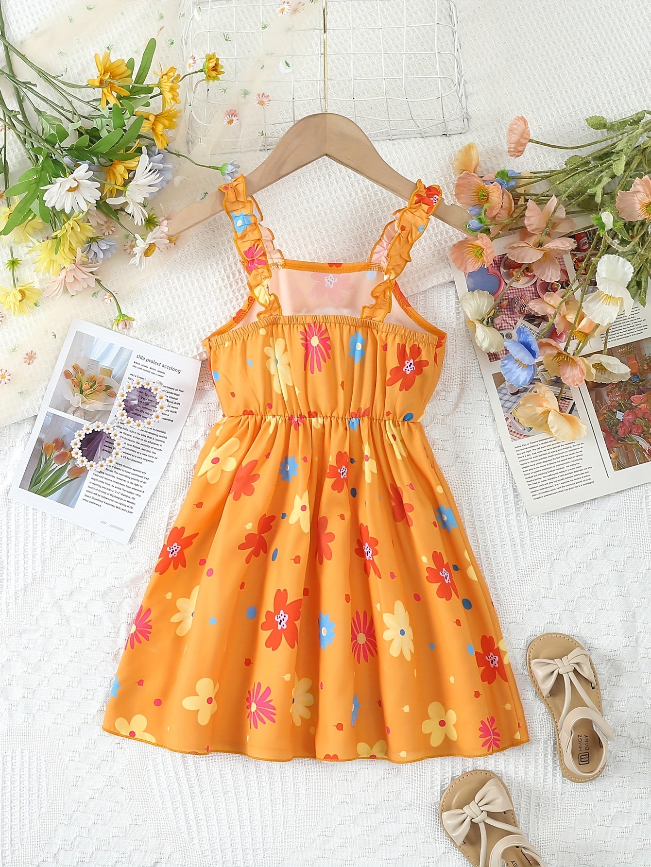 Chic Summer Floral Girls' Dress - Comfortable, Woven Fabric with Ruffle Detail & Playful Suspender Straps