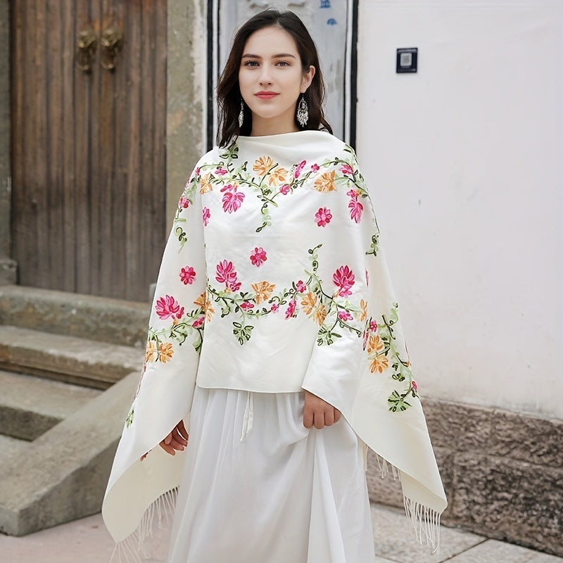 Embroidered National Style Scarf - Soft, Warm, Windproof, and Elegant Wrap for Going Out - Polyester Imitation Cashmere with Tassel and Flower Pattern