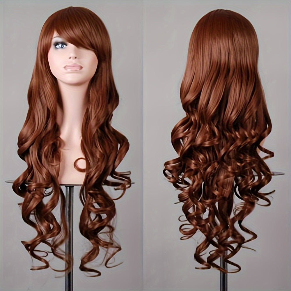 Vibrant Curly Wave Wig with Bangs - Synthetic Hair, Buckle Net Cap, Elegant Style for Women - Perfect for Halloween Party, Music Festival, and Costume Occasions