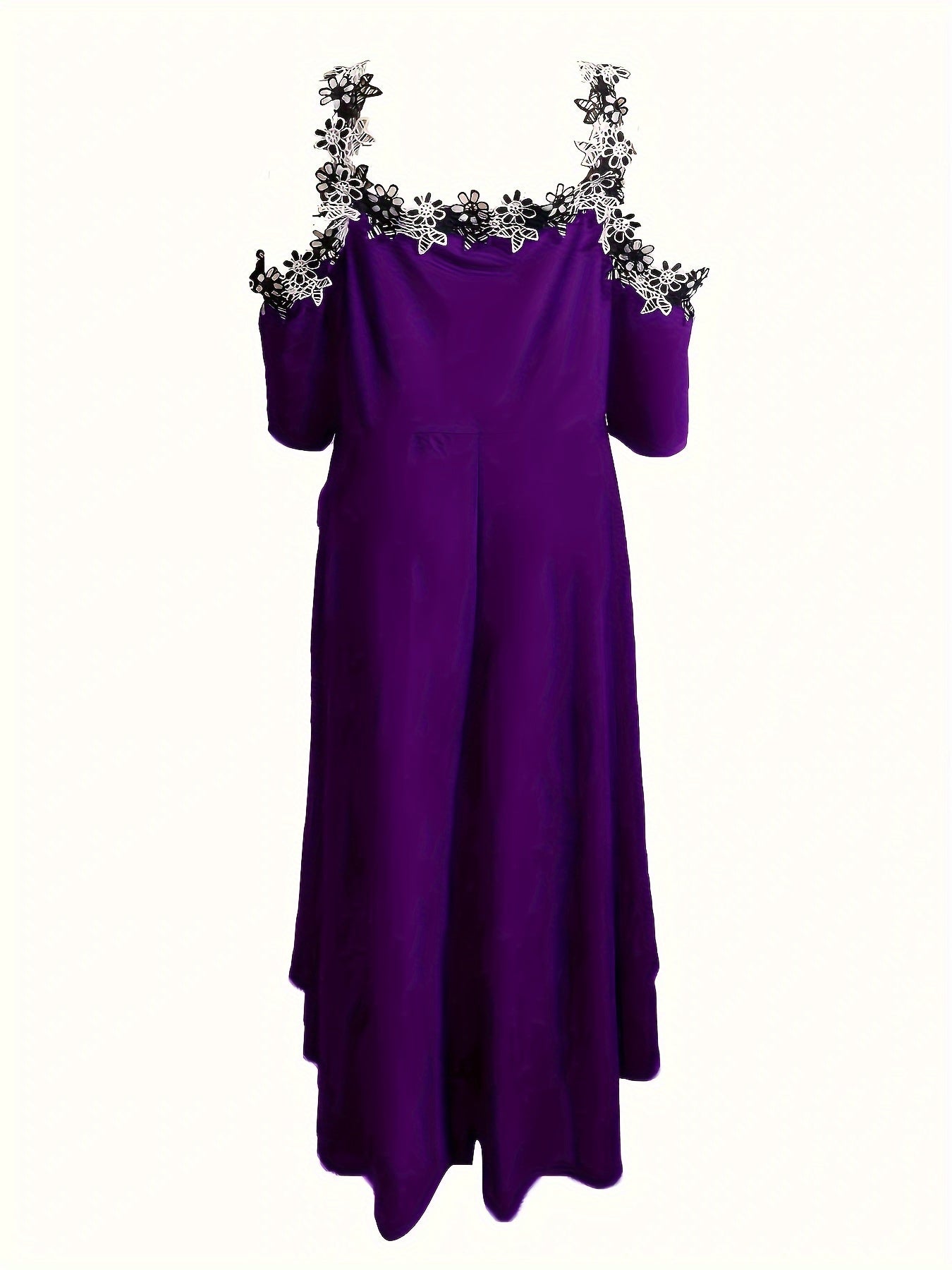 Plus Size Floral Chic V Neck Cold Shoulder Lace Stitching Dress - Elegant Short Sleeve Women's Clothing for Special Occasions - Perfect for Summer, Party, Wedding, and Date Night