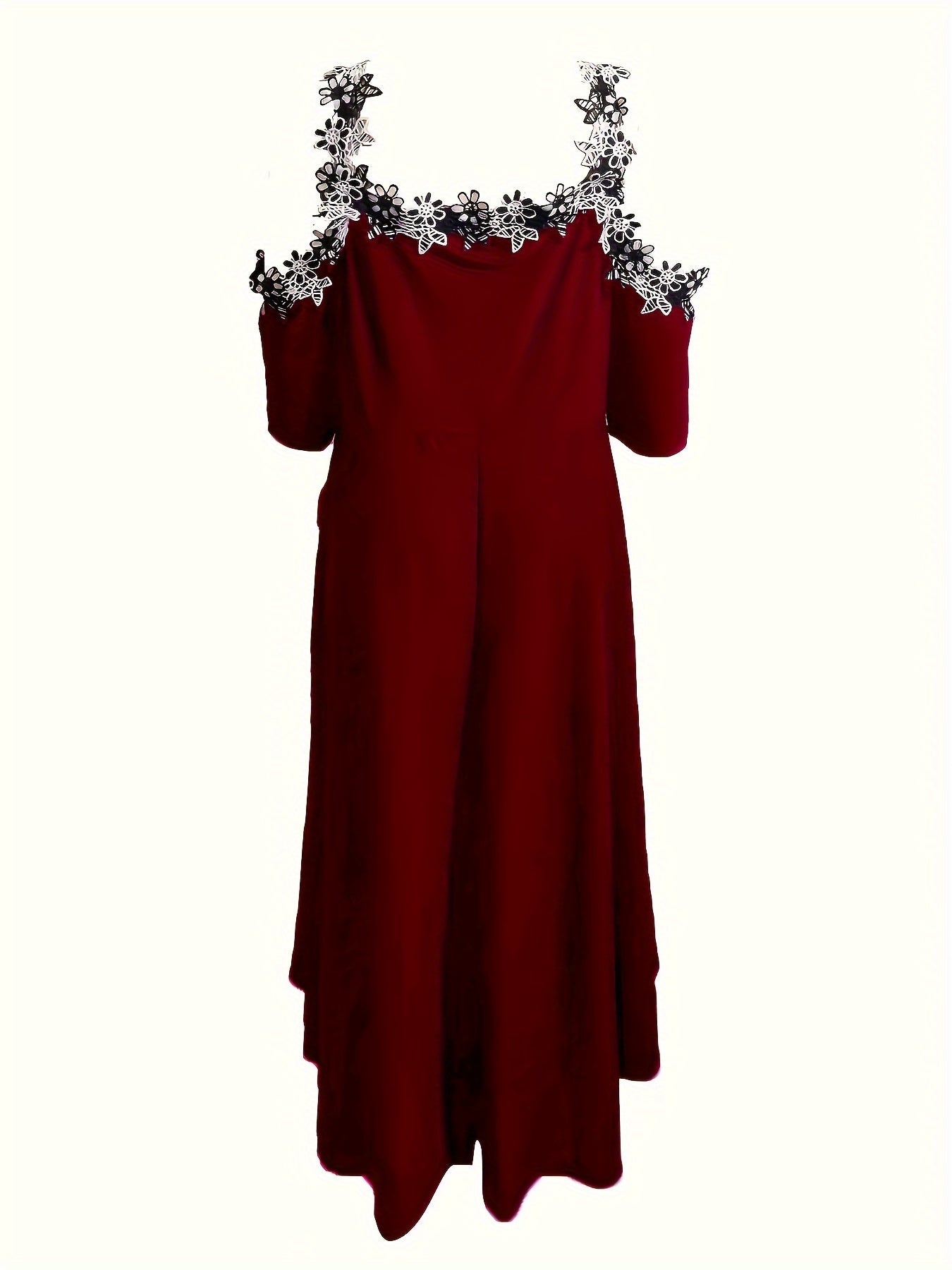 Plus Size Floral Chic V Neck Cold Shoulder Lace Stitching Dress - Elegant Short Sleeve Women's Clothing for Special Occasions - Perfect for Summer, Party, Wedding, and Date Night