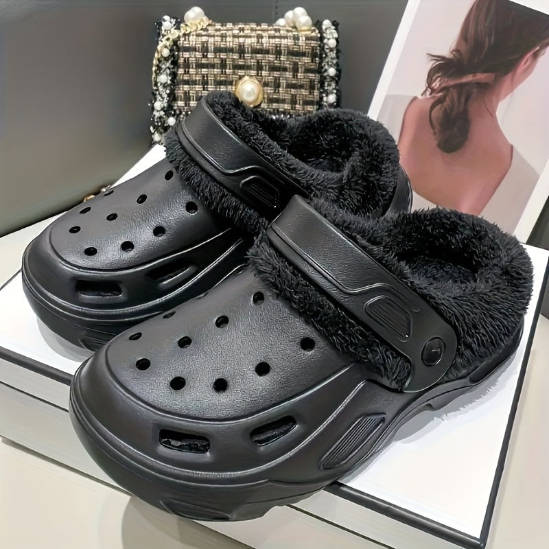 Unisex Plush Lined Clogs, Winter Warm Soft Sole Indoor & Outdoor Shoes, Comfortable Fuzzy Platform Slide Sandals
