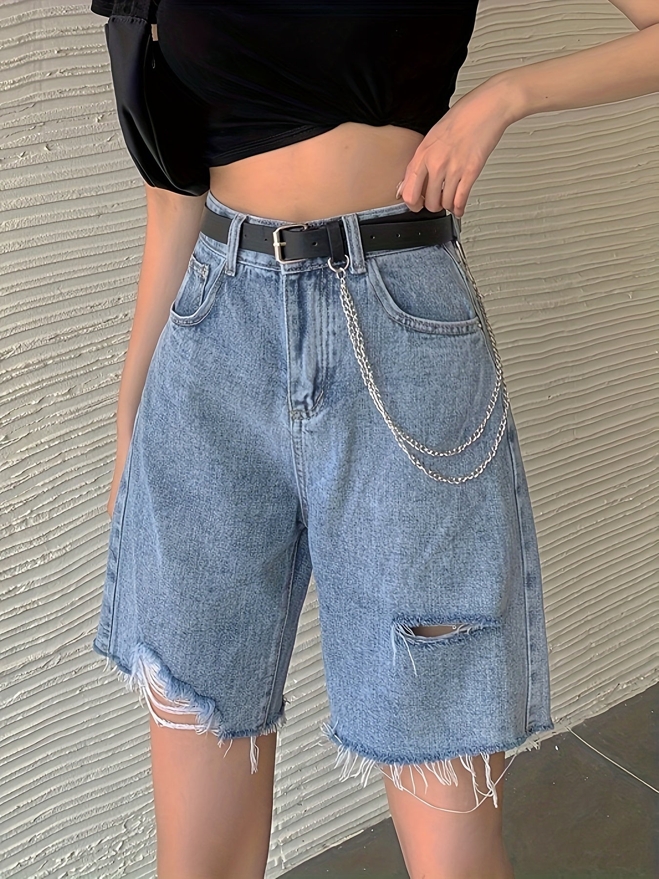 ZllKl Ripped Raw Hem Denim Shorts Jorts, Distressed Washed Blue Denim Shorts, Women's Denim Jeans & Clothing