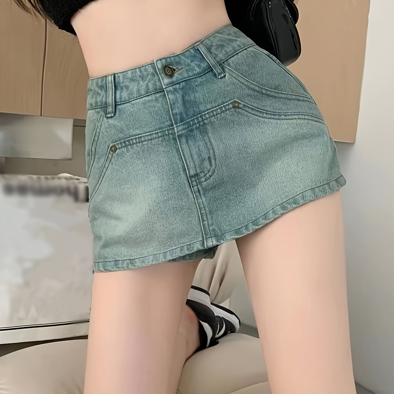 ZllKl Hot Retro Style Mini Denim Shorts, Plain Washed Blue Denim Skorts, Women's Denim Jeans & Clothing