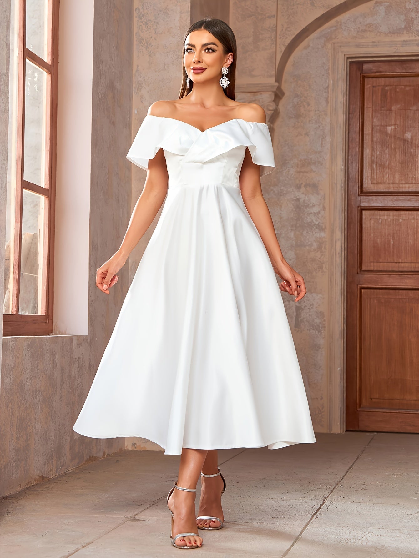 Elegant Off the Shoulder Fit and Flare Dress - Ruffle Trim, Micro Elasticity, Cinched Waist, Solid Color, Woven Polyester Fabric - Hand Wash Only, Perfect for Spring and Summer
