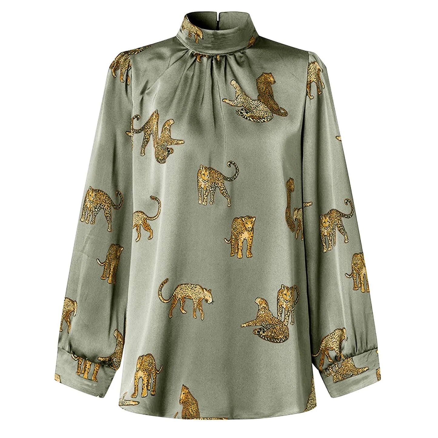 Women Satin Elegant Blouses Tiger Print Long Sleeve Shirts Tunic Summer Stand Collar Party Top Casual Blusas Femininas