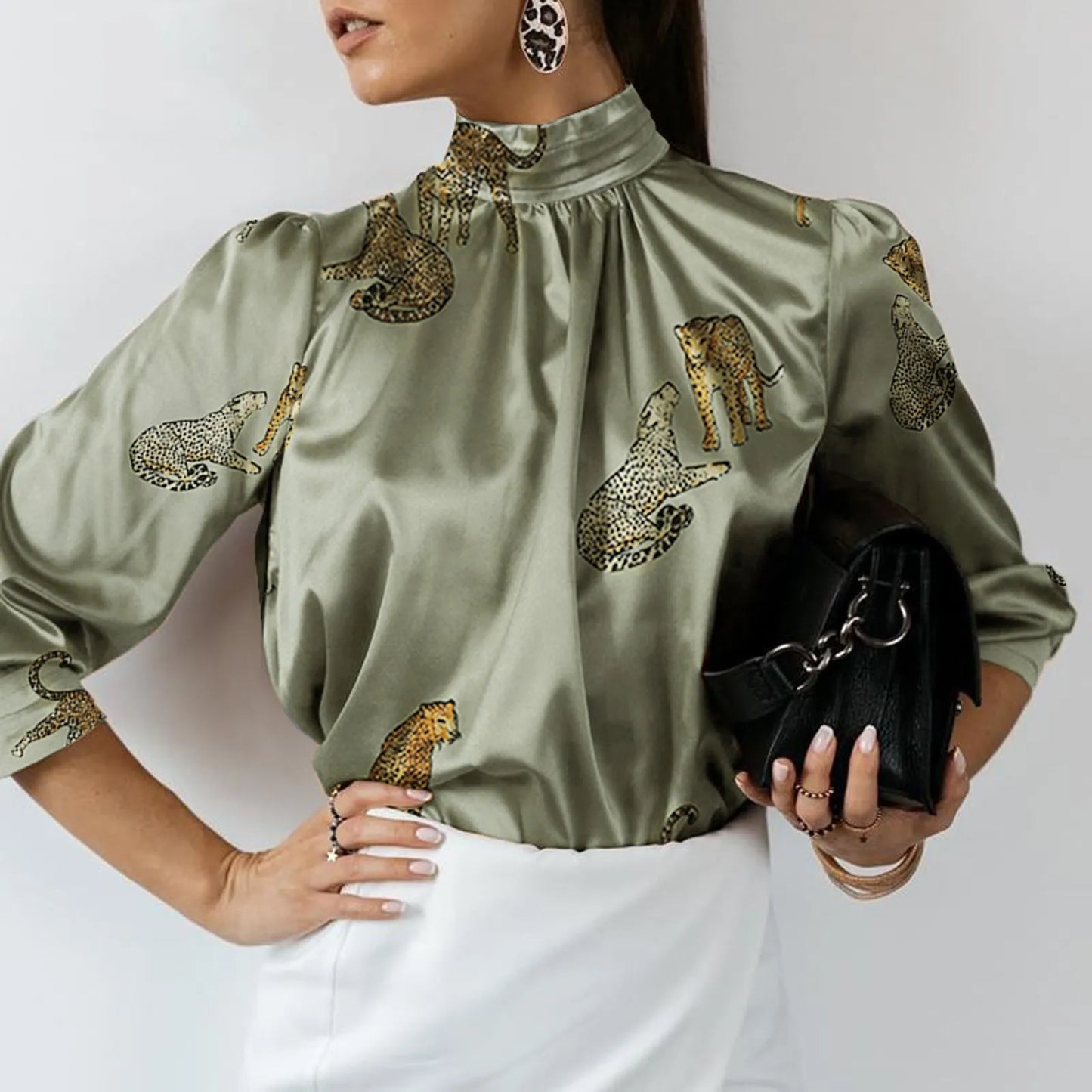 Women Satin Elegant Blouses Tiger Print Long Sleeve Shirts Tunic Summer Stand Collar Party Top Casual Blusas Femininas