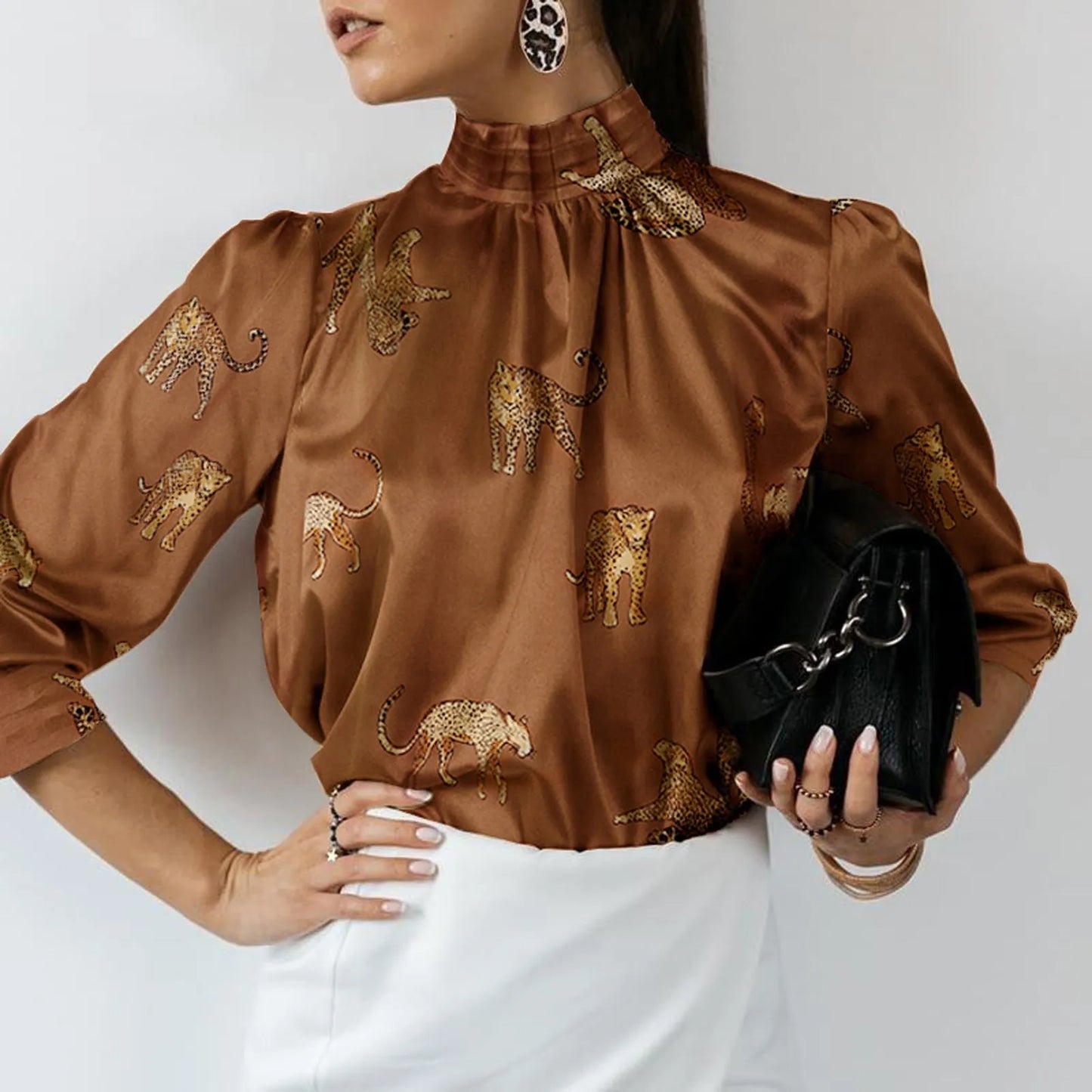 Women Satin Elegant Blouses Tiger Print Long Sleeve Shirts Tunic Summer Stand Collar Party Top Casual Blusas Femininas