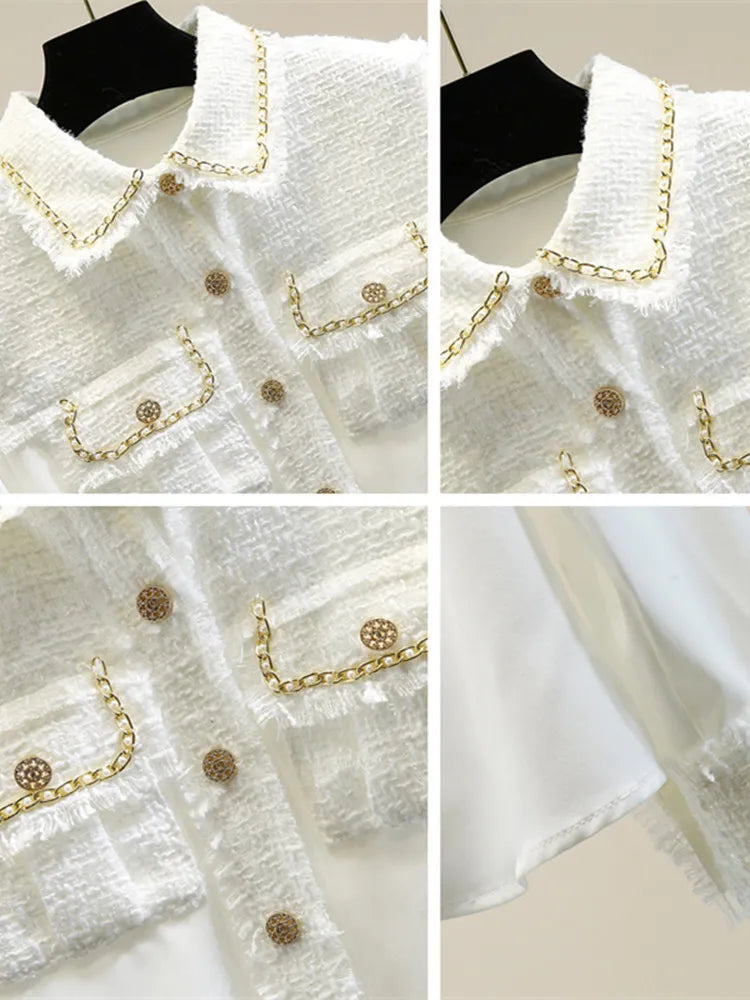Fashion Designer Tweed Patchwork Chiffon Shirt Blouse Women Vintage Long Sleeve Gold Chain Pearls Weave Tassels Pocket Tops 220407