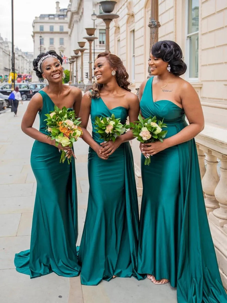 One Shoulder Bridesmaid Dresses For Africa Unique Design Full Length Wedding Guest Gowns Junior Maid Of Honor Dress Ribbon Elastic Silk Like Satin Party Gowns