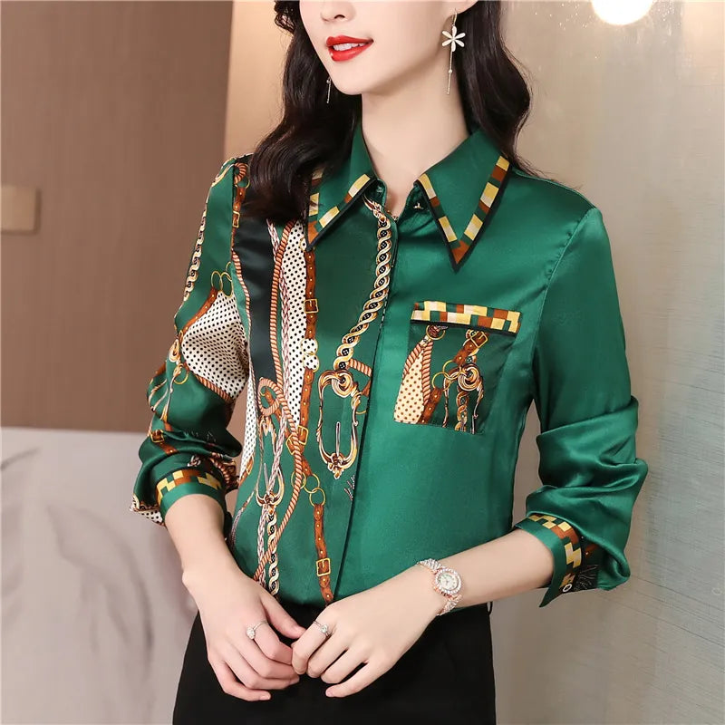 Luxury Designer Print Classic Satin Shirt Plus Size Women Fashion Long Sleeve Button Front Shirts Spring Autumn Ladies Runway Lapel Blouse Elegant Silk Tops