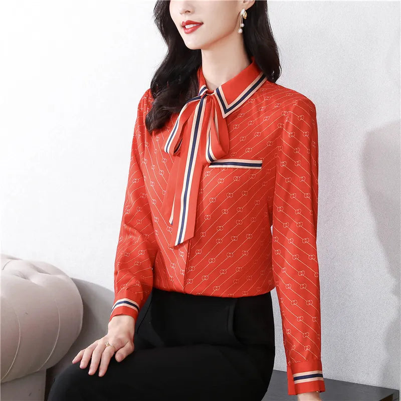 Women Fashion Print Pink Blouses Long Sleeve Vintage Ribbon Bow Shirt Ladies Classic Lapel Button Shirts Spring Autumn Woman Clothes Designer Blouse Cute Tops