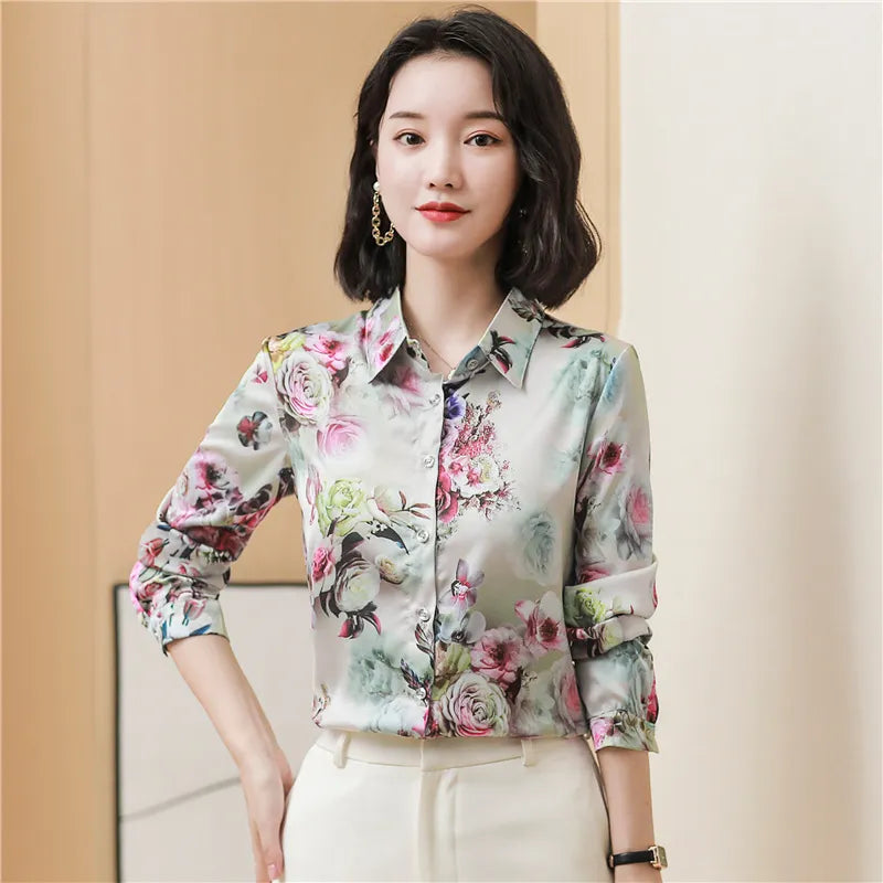 Luxury Designer Print Classic Satin Shirt Plus Size Women Fashion Long Sleeve Button Front Shirts Spring Autumn Ladies Runway Lapel Blouse Elegant Silk Tops