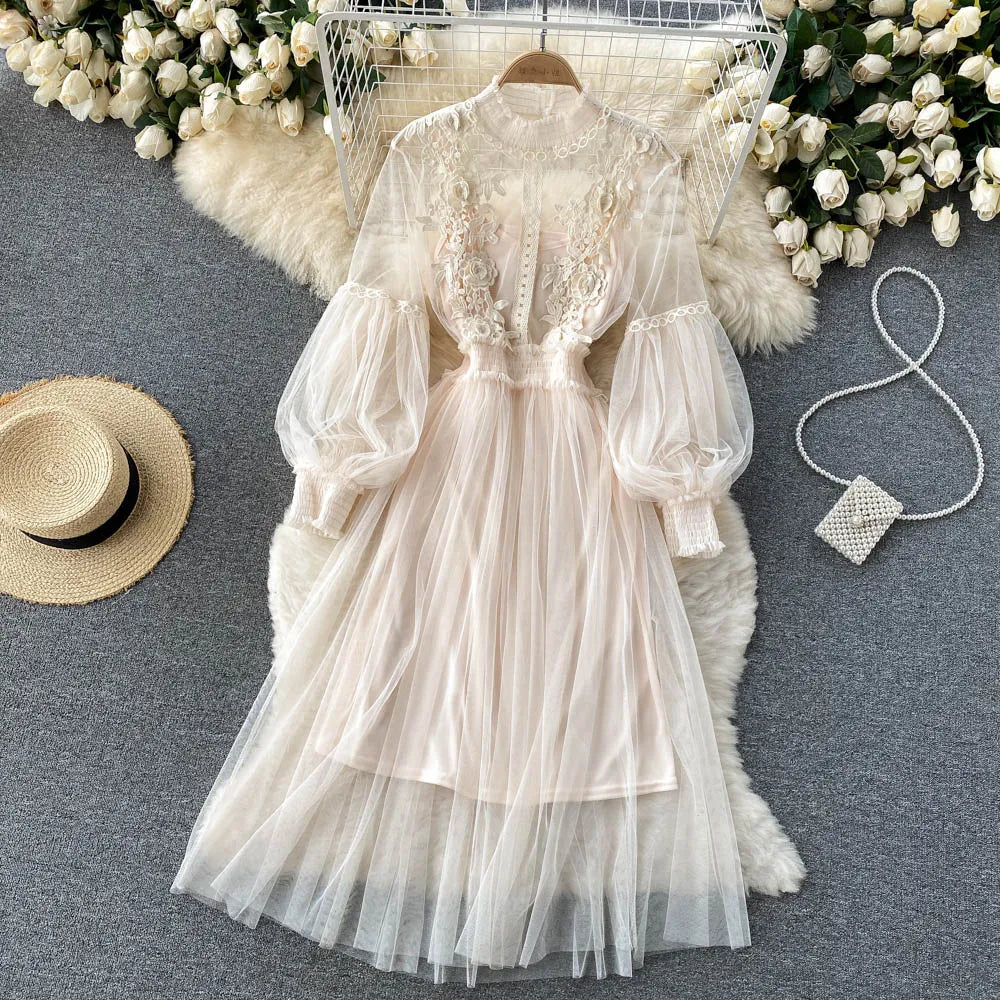 Spring Autumn Sweet Women Mesh Dress Elegant Stand Collar Lantern Long Sleeve High Waist 2Pcs Party Vestidos Female New Fashion