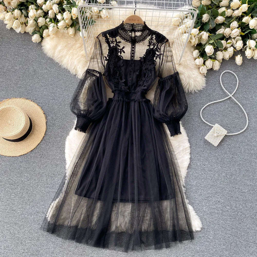 Spring Autumn Sweet Women Mesh Dress Elegant Stand Collar Lantern Long Sleeve High Waist 2Pcs Party Vestidos Female New Fashion