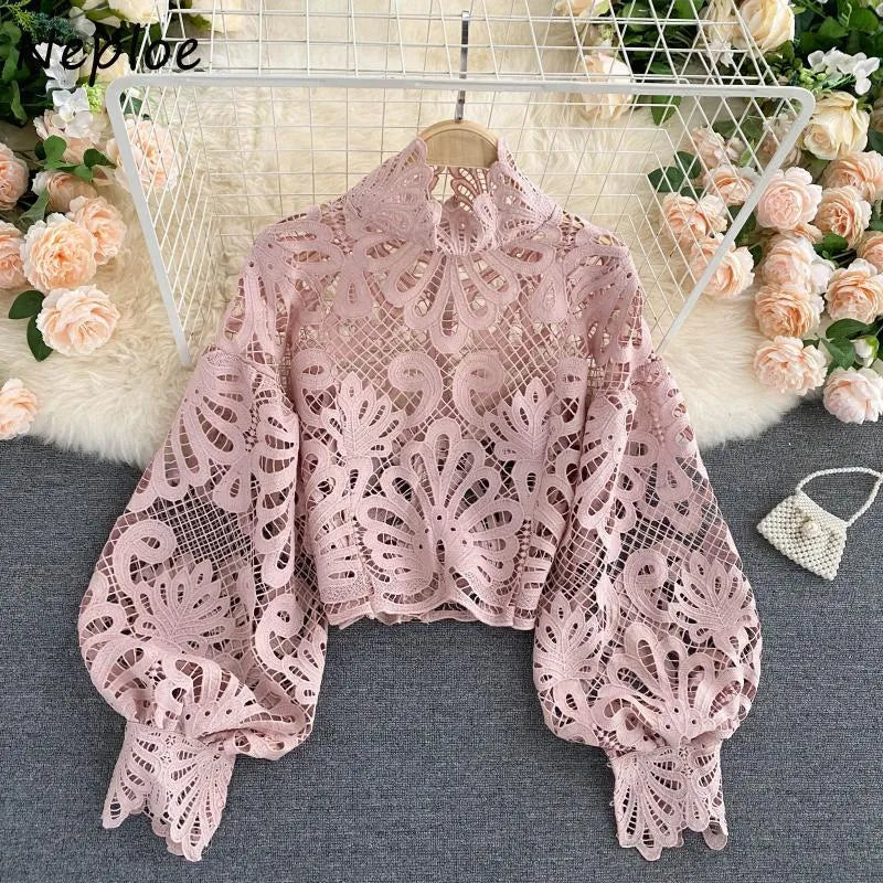 Neploe Lace Sexy Hollow Out Stand Collar Shirt Solid Color All-match Zip Femme Blusas Chic Lantern Sleeve Women Blouses 210315