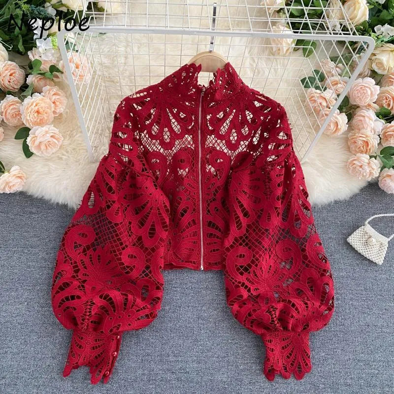 Neploe Lace Sexy Hollow Out Stand Collar Shirt Solid Color All-match Zip Femme Blusas Chic Lantern Sleeve Women Blouses 210315