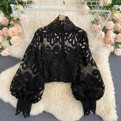 Neploe Lace Sexy Hollow Out Stand Collar Shirt Solid Color All-match Zip Femme Blusas Chic Lantern Sleeve Women Blouses 210315