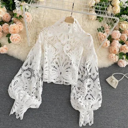 Neploe Lace Sexy Hollow Out Stand Collar Shirt Solid Color All-match Zip Femme Blusas Chic Lantern Sleeve Women Blouses 210315