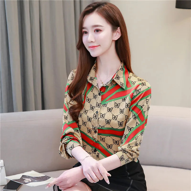 Vintage Butterfly Printed Runway Silk Blouses Women Fashion Designer Striped Shirts Slim Business Office Ladies Button Spring Summer Long Sleeve Tops