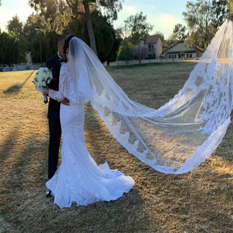 Best Selling Luxury Real Image Bridal Veils Wedding Veil Three Meters Long Veils Lace Shining Applique Sequin Crystals Two Layers Cathedral Length