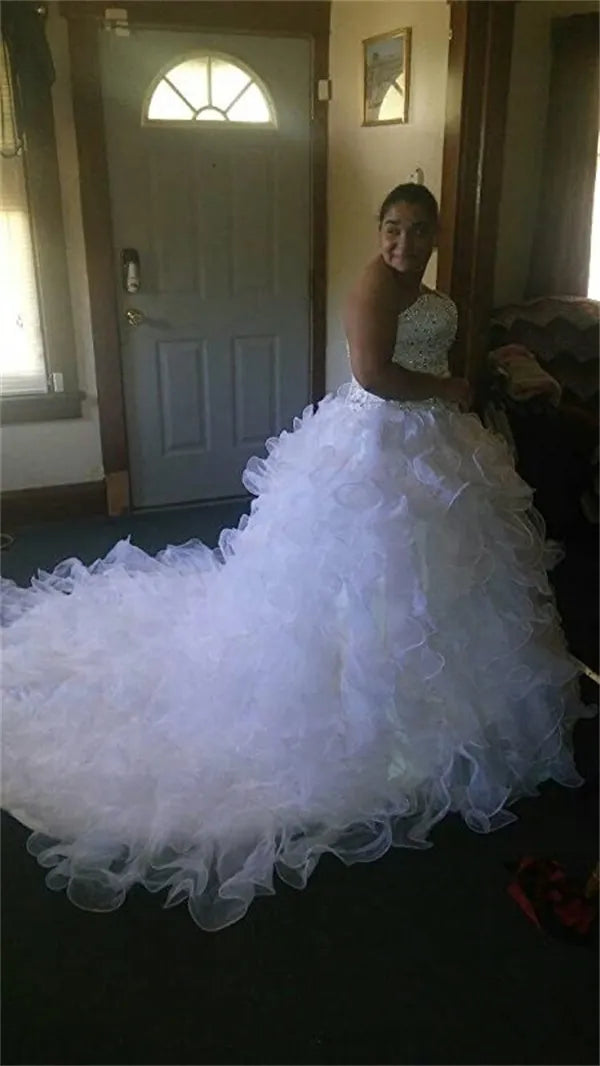 Luxury Beaded Embroidery Ball Gowns Wedding Dresses Princess Gown Corset Sweetheart Organza Ruffles Cathedral Train Bridal Dress Plus Size Custom Made