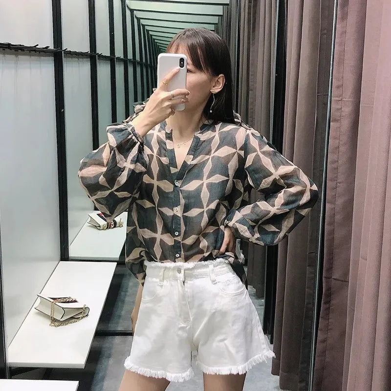 Women's Blouses Shirts za blouse women Summer thin shirt women's perspective cotton linen printed shirts long sleeve round neck female tops XW1213 220929