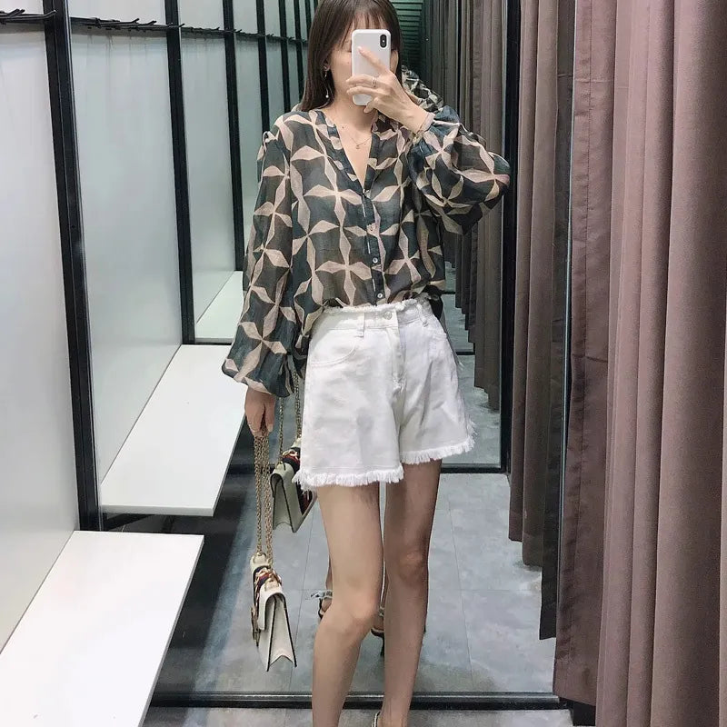 Women's Blouses Shirts za blouse women Summer thin shirt women's perspective cotton linen printed shirts long sleeve round neck female tops XW1213 220929