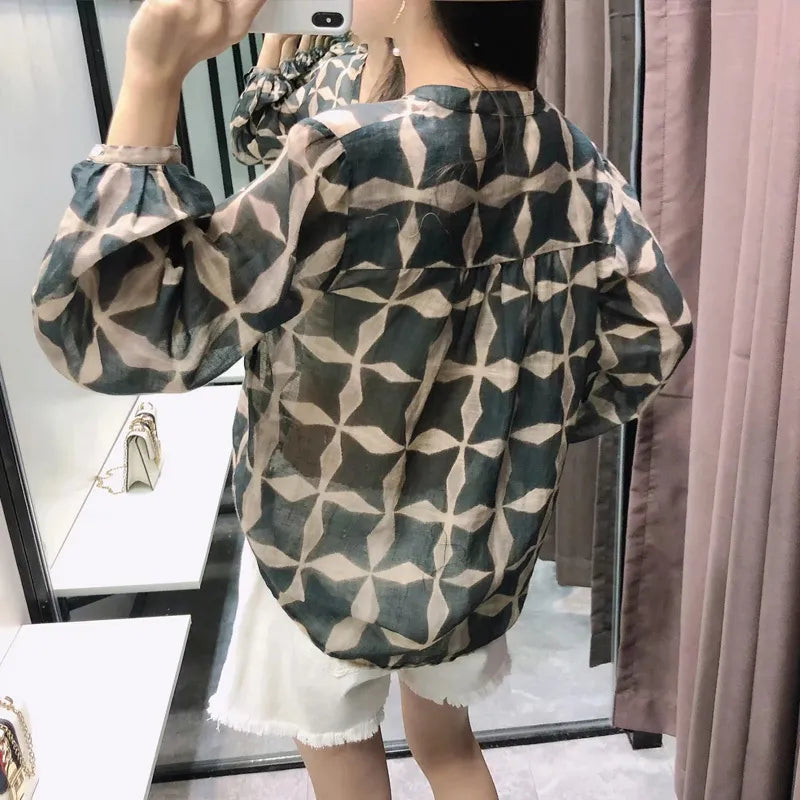 Women's Blouses Shirts za blouse women Summer thin shirt women's perspective cotton linen printed shirts long sleeve round neck female tops XW1213 220929
