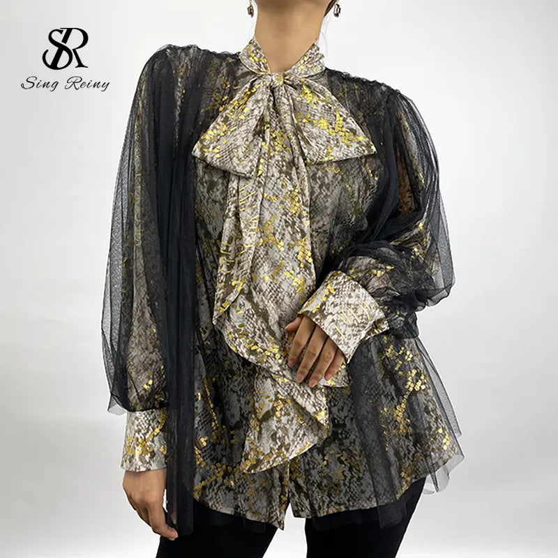 SINGREINY Women Design Mesh Blouse Korean Fashion Bow Collar Lantern Sleeve Tops Autumn Casual Loose Chic Streetwear Blouses 220407