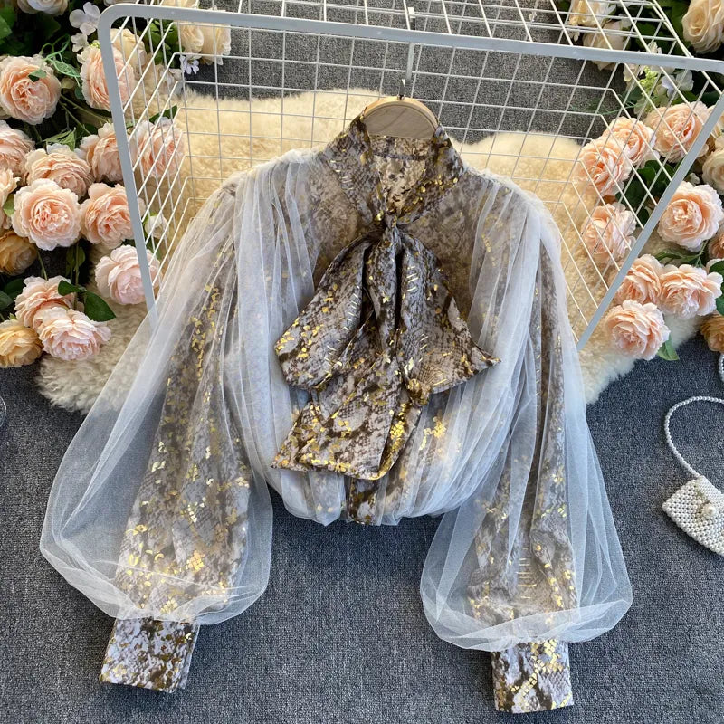 SINGREINY Women Design Mesh Blouse Korean Fashion Bow Collar Lantern Sleeve Tops Autumn Casual Loose Chic Streetwear Blouses 220407