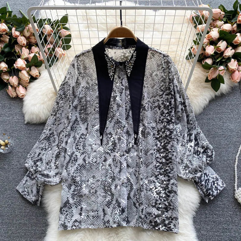 SINGREINY Women Design Mesh Blouse Korean Fashion Bow Collar Lantern Sleeve Tops Autumn Casual Loose Chic Streetwear Blouses 220407