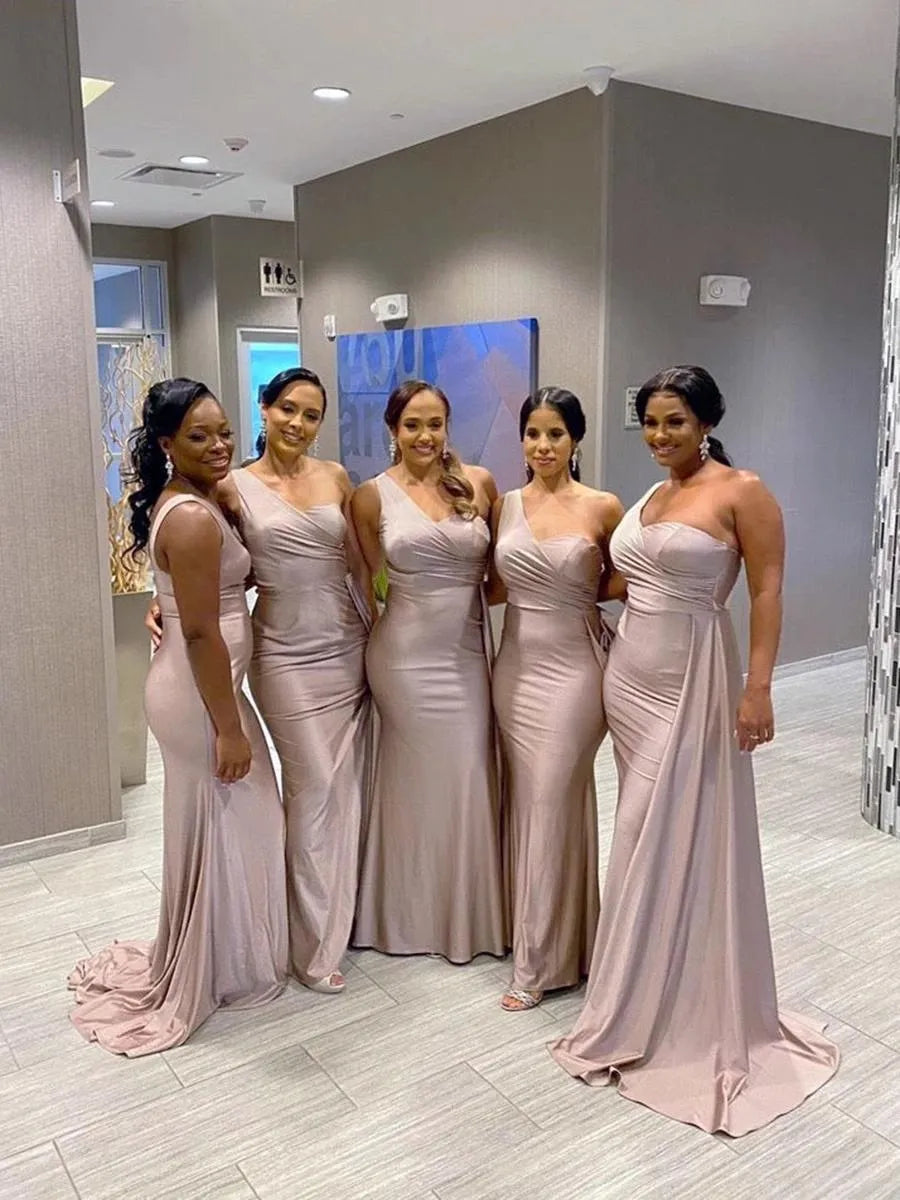 One Shoulder Bridesmaid Dresses For Africa Unique Design Full Length Wedding Guest Gowns Junior Maid Of Honor Dress Ribbon Elastic Silk Like Satin Party Gowns