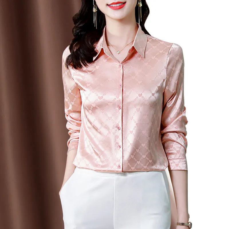 Luxury Designer Print Classic Satin Shirt Plus Size Women Fashion Long Sleeve Button Front Shirts Spring Autumn Ladies Runway Lapel Blouse Elegant Silk Tops
