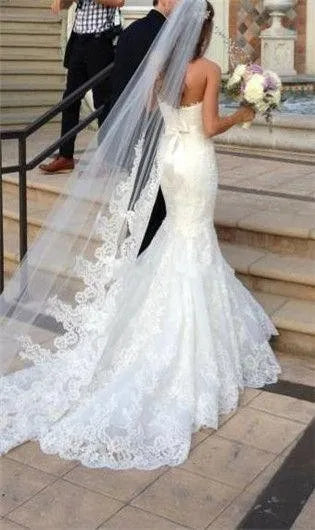 Princess Wedding Veil Long Lace Bridal Veils One Layer Custom Made Lace Applique Edge Bride
