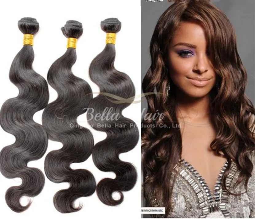 Bella Hair Human Hair Dyeable Bleachable 9A Bundles Peruvian Weave Extensions Natural Black Color Double Weft 3-4PCS Body Wave