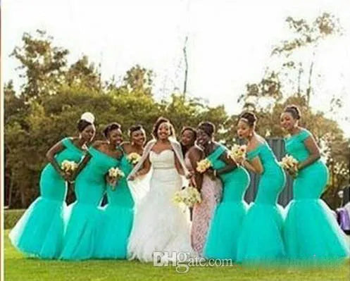 Hot South Africa Style Nigerian Bridesmaid Dresses Plus Size Mermaid Maid Of Honor Gowns For Wedding Off Shoulder Turquoise Tulle Dress