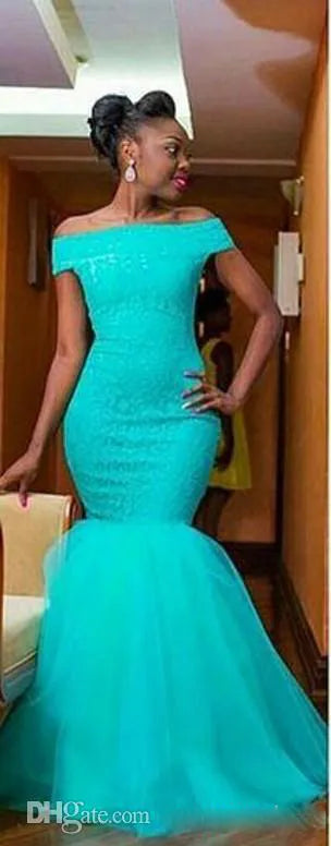 Hot South Africa Style Nigerian Bridesmaid Dresses Plus Size Mermaid Maid Of Honor Gowns For Wedding Off Shoulder Turquoise Tulle Dress