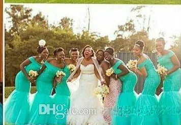 Hot South Africa Style Nigerian Bridesmaid Dresses Plus Size Mermaid Maid Of Honor Gowns For Wedding Off Shoulder Turquoise Tulle Dress