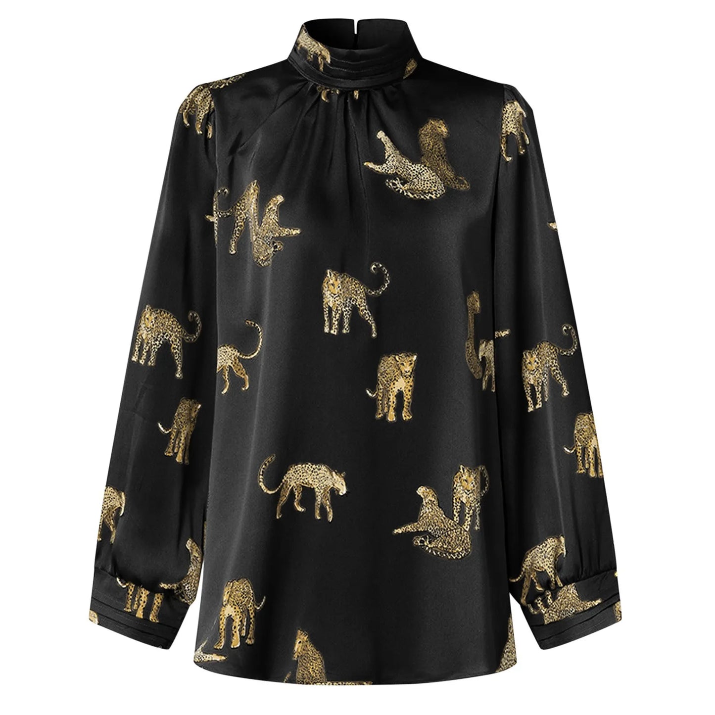 Women Satin Elegant Blouses Tiger Print Long Sleeve Shirts Tunic Summer Stand Collar Party Top Casual Blusas Femininas