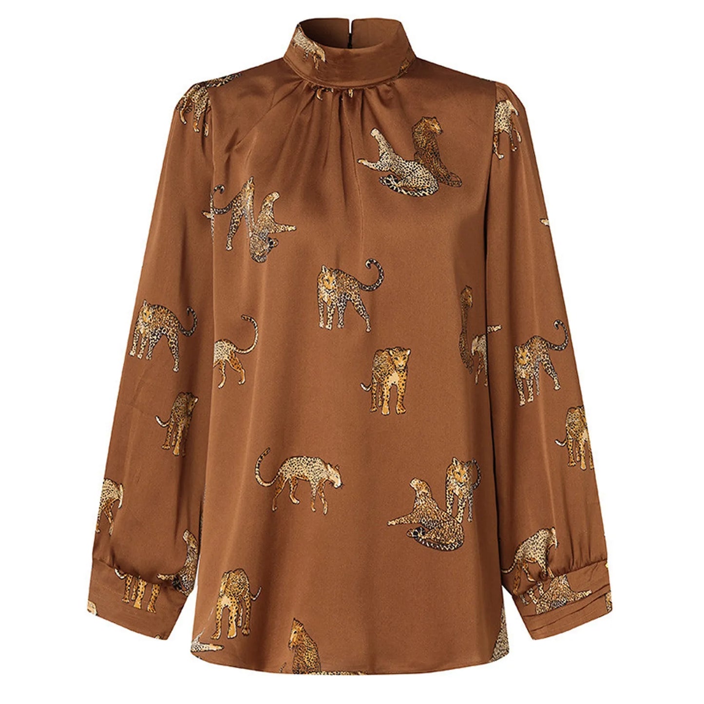 Women Satin Elegant Blouses Tiger Print Long Sleeve Shirts Tunic Summer Stand Collar Party Top Casual Blusas Femininas