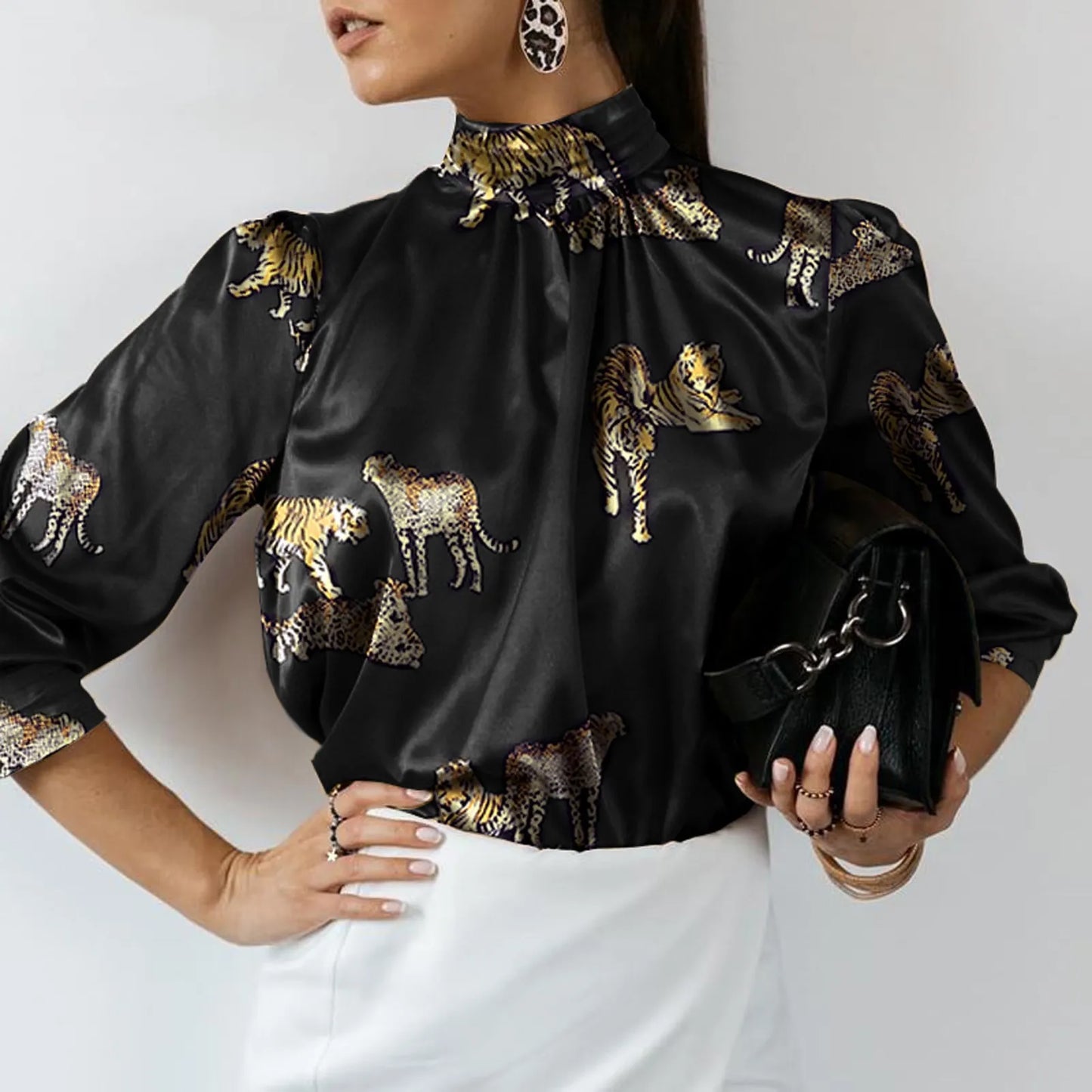 Women Satin Elegant Blouses Tiger Print Long Sleeve Shirts Tunic Summer Stand Collar Party Top Casual Blusas Femininas