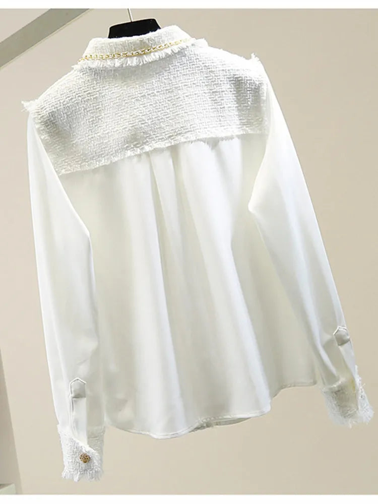 Fashion Designer Tweed Patchwork Chiffon Shirt Blouse Women Vintage Long Sleeve Gold Chain Pearls Weave Tassels Pocket Tops 220407