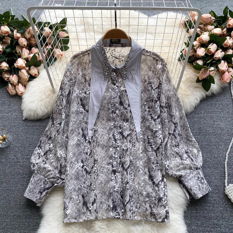 SINGREINY Women Design Mesh Blouse Korean Fashion Bow Collar Lantern Sleeve Tops Autumn Casual Loose Chic Streetwear Blouses 220407