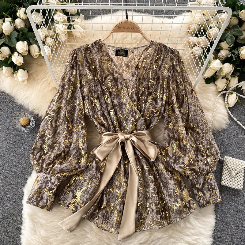 SINGREINY Women Design Mesh Blouse Korean Fashion Bow Collar Lantern Sleeve Tops Autumn Casual Loose Chic Streetwear Blouses 220407
