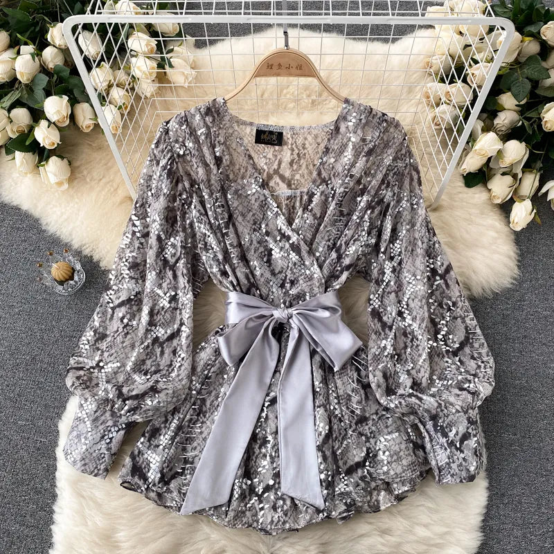 SINGREINY Women Design Mesh Blouse Korean Fashion Bow Collar Lantern Sleeve Tops Autumn Casual Loose Chic Streetwear Blouses 220407