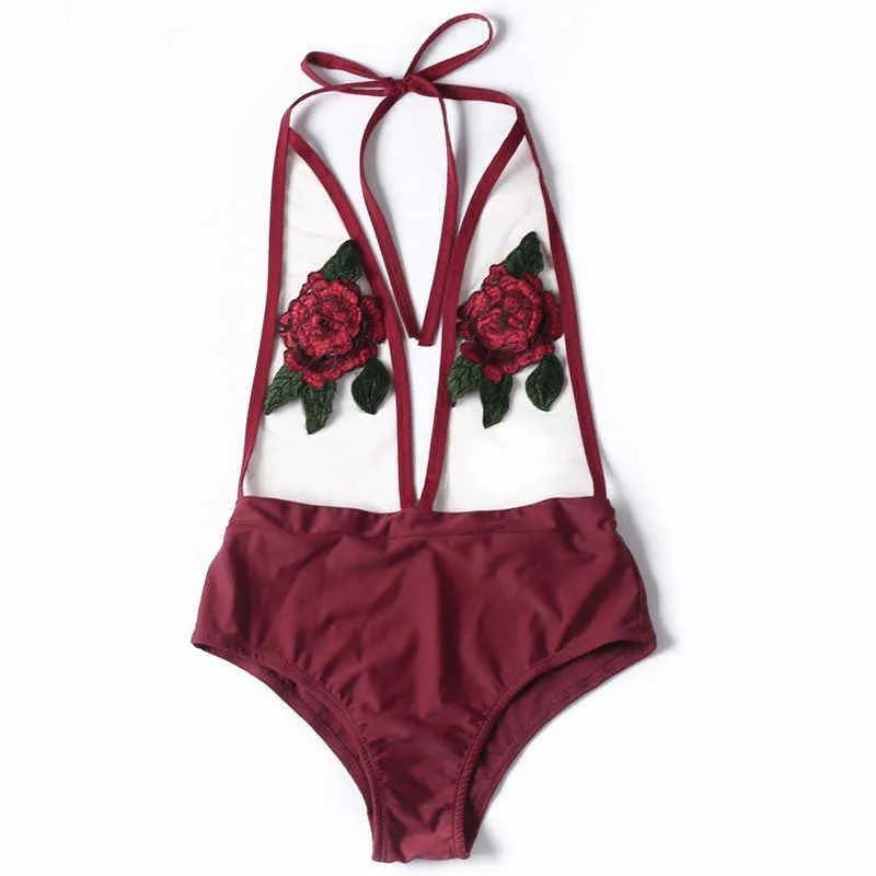 Women Red Swimwear Sexy Summer Floral Embroidery Swim Wear Halter Women Swimsuit Push Up Bikini High Waist One Piece Monokini