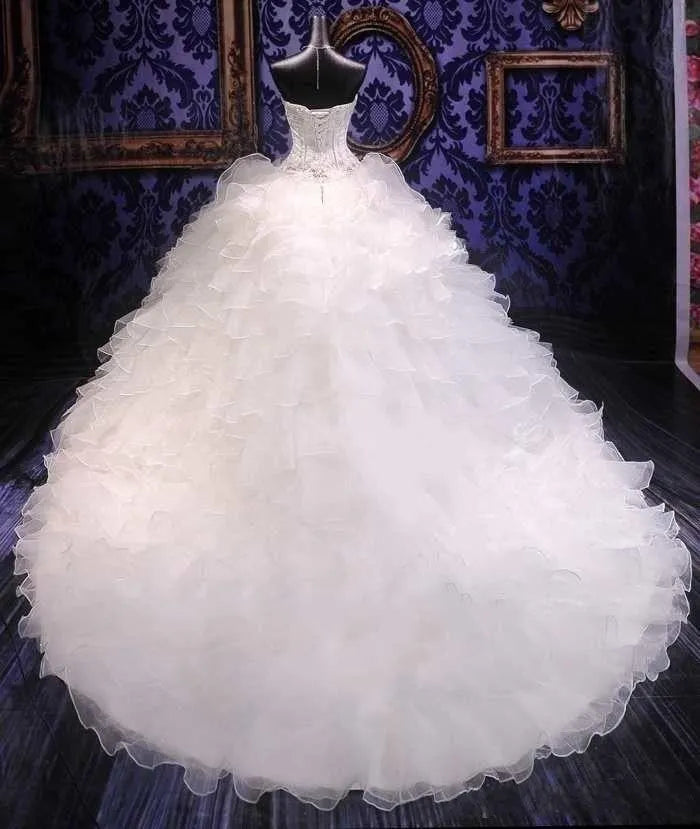 Luxury Beaded Embroidery Ball Gowns Wedding Dresses Princess Gown Corset Sweetheart Organza Ruffles Cathedral Train Bridal Dress Plus Size Custom Made