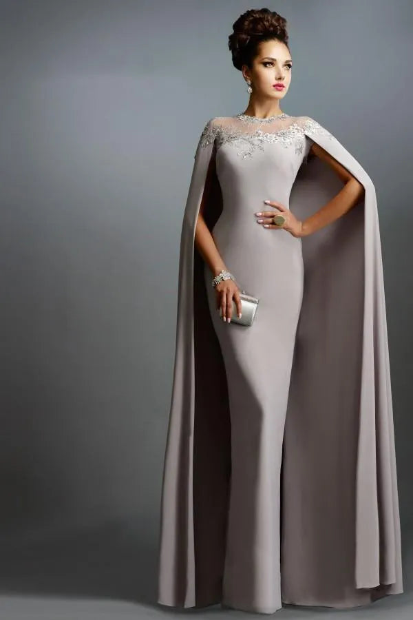 Cheap Long With Cape Lace Mother of the Bride Dresses Formal Party Plus Size Prom Gowns For Wedding Bride Guest Dress
