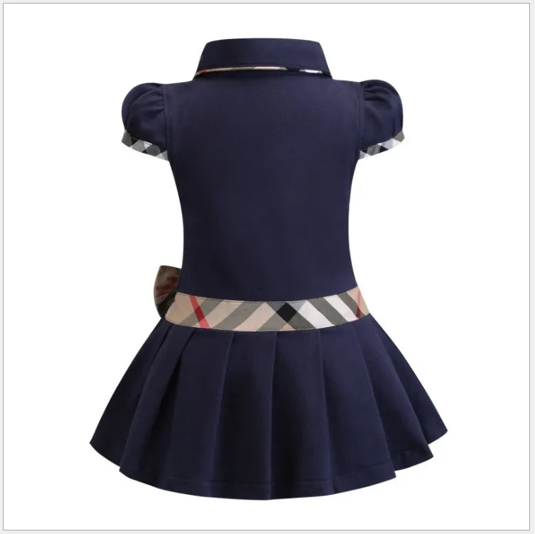 Retail Baby Girls Princess Dress Kids Lapel College Style Bowknot Short Sleeve Pleated Polo Shirt Skirt Children Summer Casual Dresses